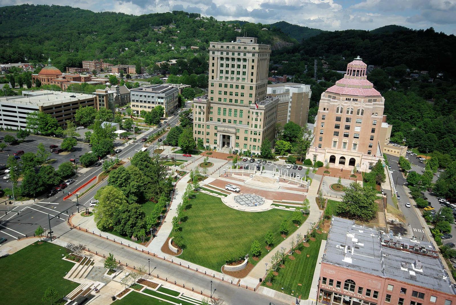 Downtown Asheville from above, with Pack Square and the city hall tower