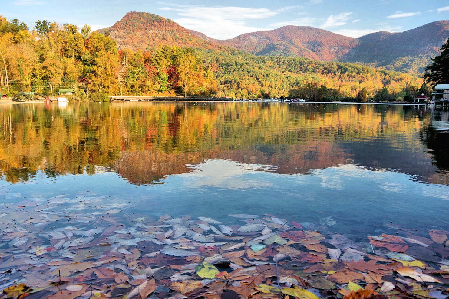Lake Lure with forested mountains behind, near Asheville