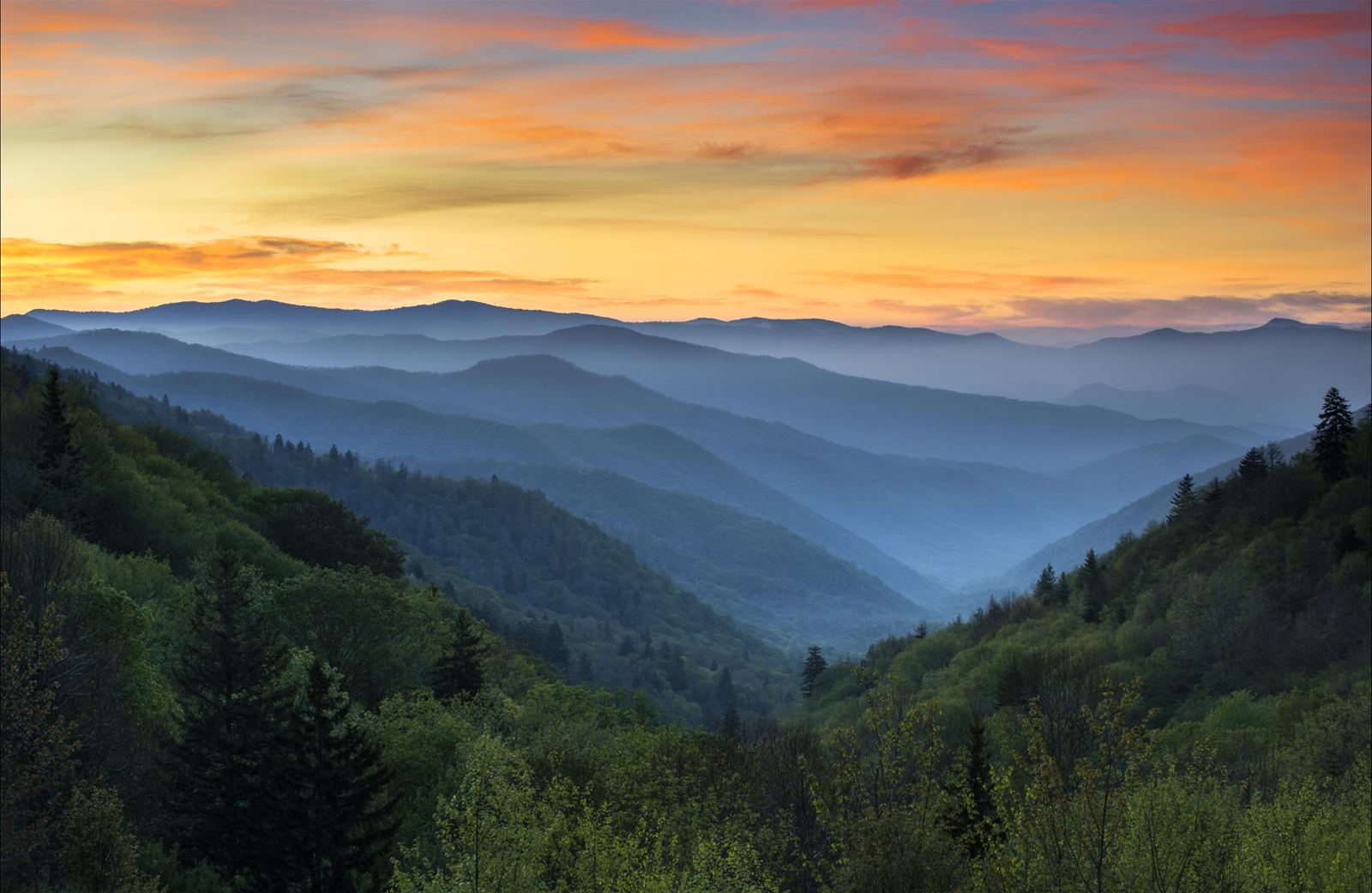 Layered Blue Ridge mountain ridges at sunset from the Blue Ridge Parkway